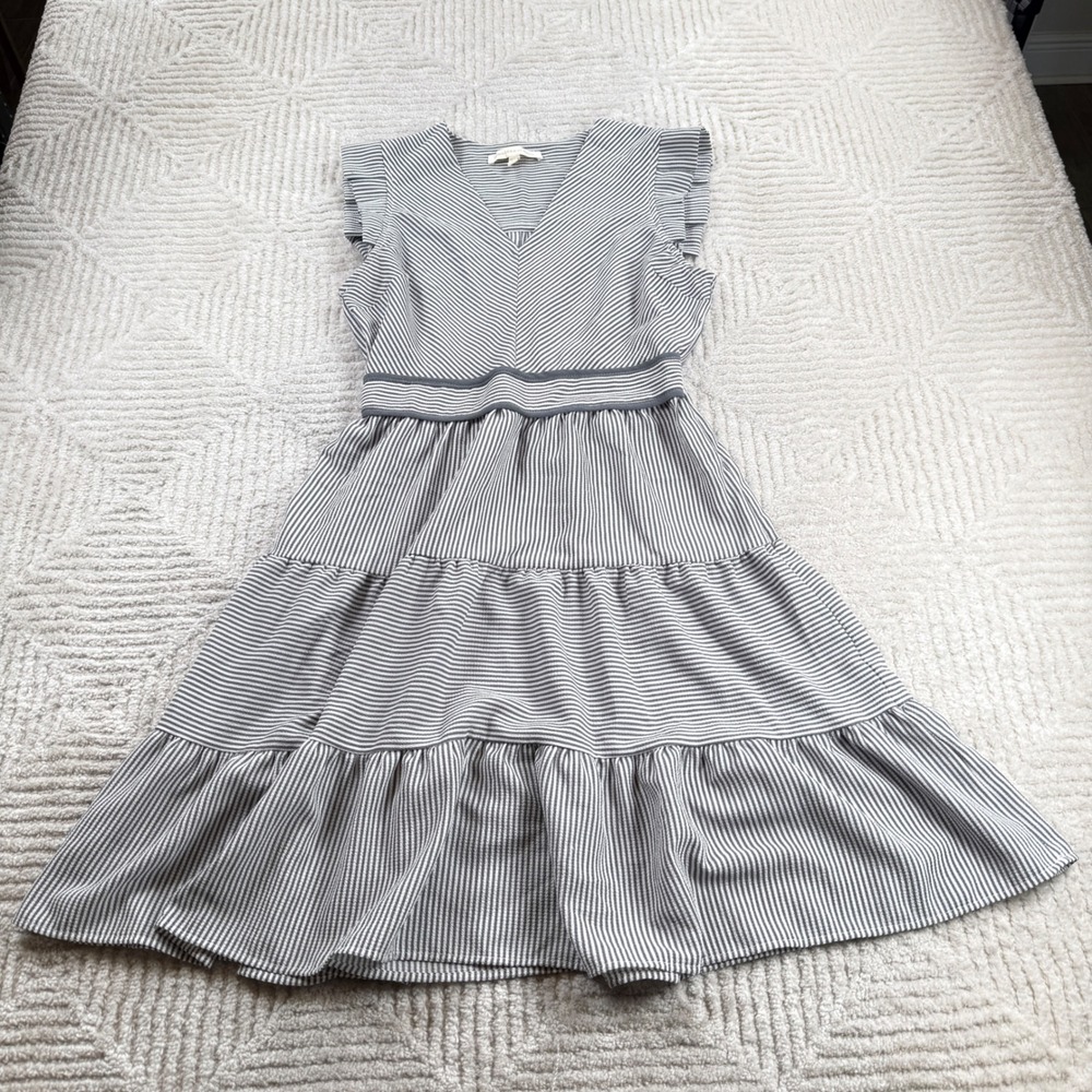 Monteau Los Angeles Dress Womens L Blue Gray Seersucker Preppy Resort Coastal